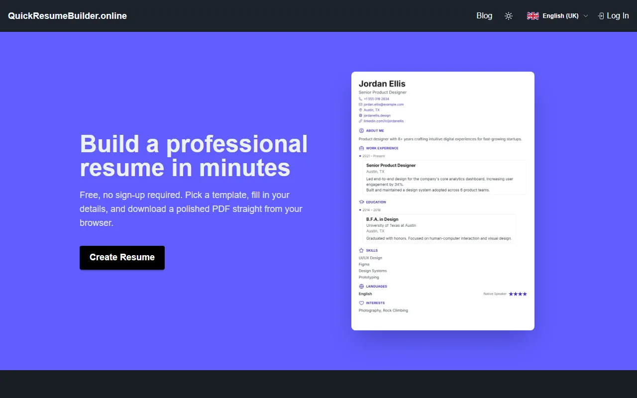 QuickResumeBuilder screenshot
